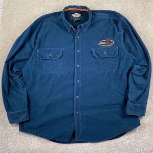 Harley Davidson Mens 2XL Corduroy Button Down Shirt Blue Long Sleeve Distressed
